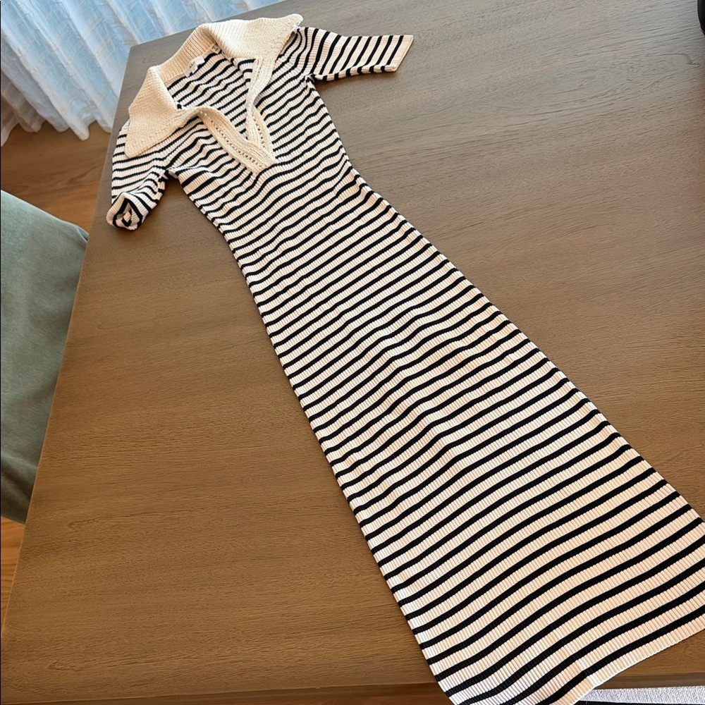 ALC Striped Black and White Knit Midi Dress with Contrast Collar (M)